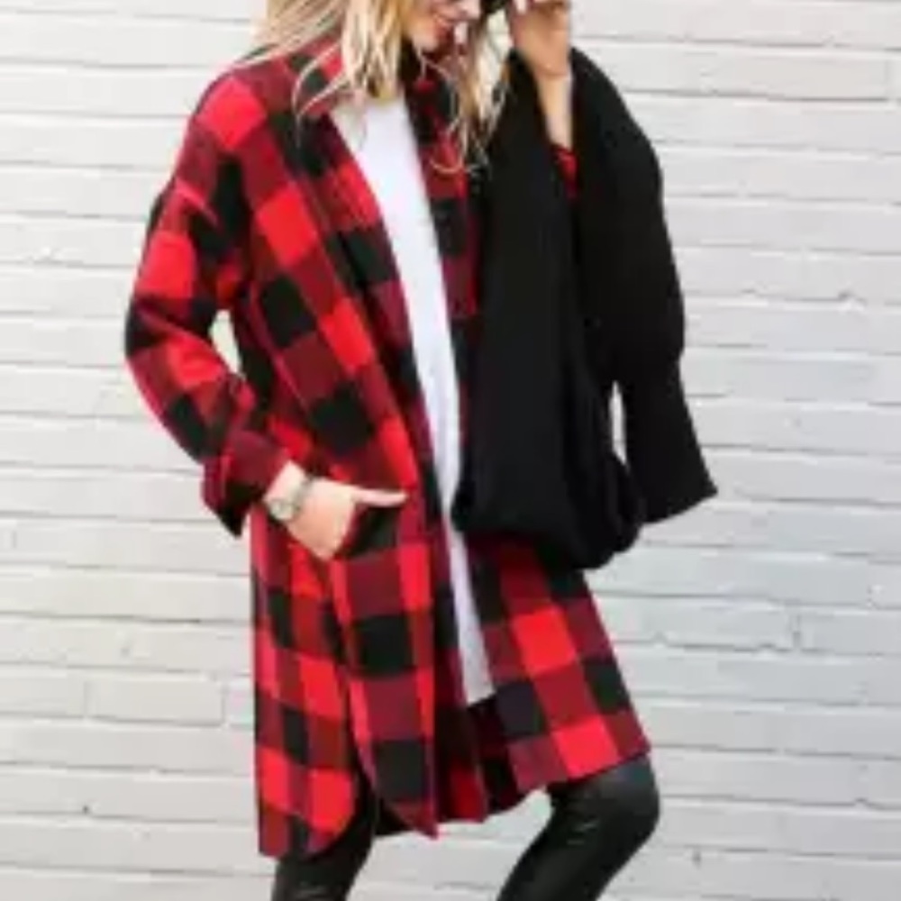 Long Oversized Buffalo Flannel Button Down Shirt